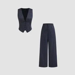 Cider [size 2-26] V-neck Stripe Button Tank Top & Mid Rise Pocket Straight Leg Trousers Set