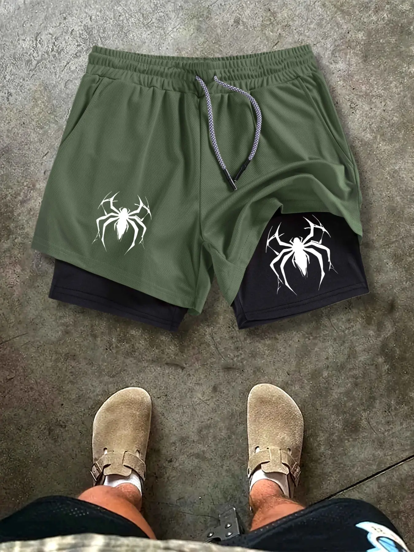 Men's Spider Print Two-In-One Dual Layer Shorts, Lightweight Breathable Summer Workout Pants, Comfortable Fitness Apparel for Men, Graphic Shorts