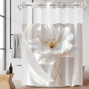 1PC 2D Flat White Floral Pattern Double-Layer Woven Shower Curtain (No Hooks), Transparent Top Window, Removable liner with snap-on lining, Modern Bathroom Partition Art Decoration, Bathroom Decor, Bathroom Accessory, Bathroom Decoration Accessories