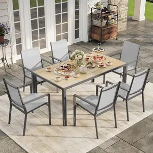 Gizoon Patio Table and Chairs Set for 6, Outdoor Dining Set Includes 59.5" Rectangle Patio Table with Side Umbrella Hole and 6 Textilene Fabric Patio Chairs for Courtyard, Backyard, Pool, Grey&Brown