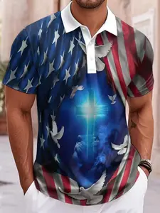 European Style Striped Short Sleeve Polo Shirt, 3D Digital Print Golf Casual Summer Button-Up, Outdoor Comfortable T-Shirt, Man