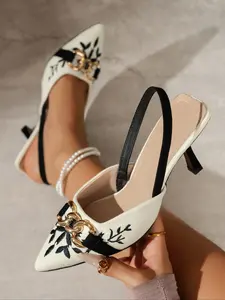 Women's 2026 Hot Trending Chain & Embroidery Detail Slingback Pointed Toe Kitten Heel Pumps, Elegant All-match Footwear for Party, Office & Evening Occasions, Fashion Dress Heels for Women & Girls