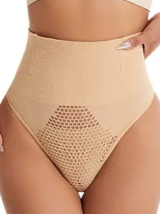1 Count Women's High Waist Seamless Shaping Thong, Tummy Control Waistband, Honeycomb Structure with Memory Bone Support, Soft Cotton Crotch Bottoms, Abdomen Smoothing Breathable No Show Underwear, Shapewear