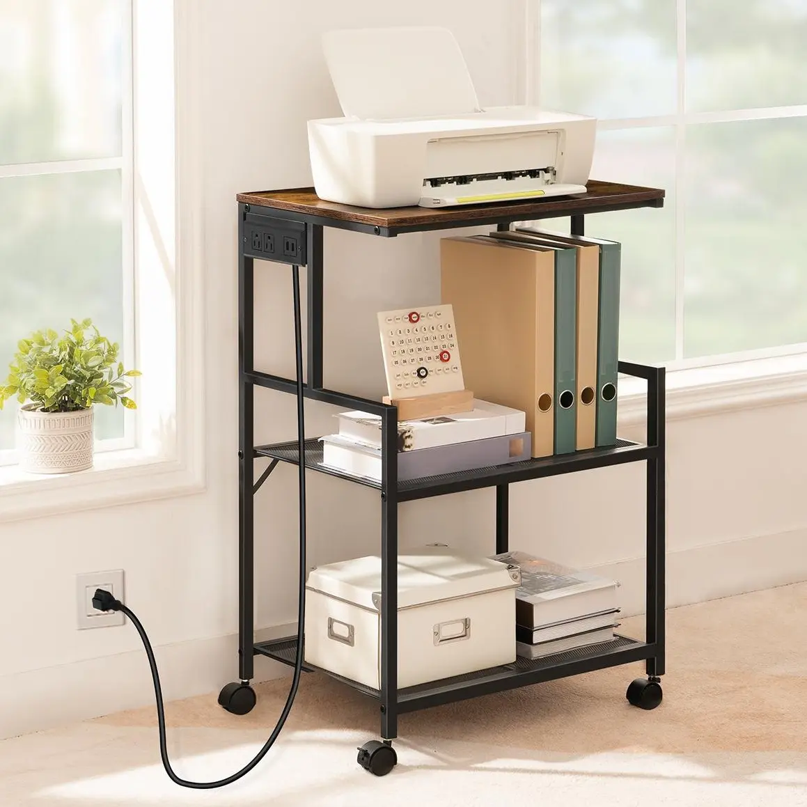 MAHANCRIS 3-Tier Mobile Printer Stand, Lockable Wheels Printer Cart with Power Outlets and 2 USB Ports, Storage Rack for Home Offices & Kitchen & Living Room Rustic Brown Organiser #SummerVibes#DealsforYouDays #SummerGarden