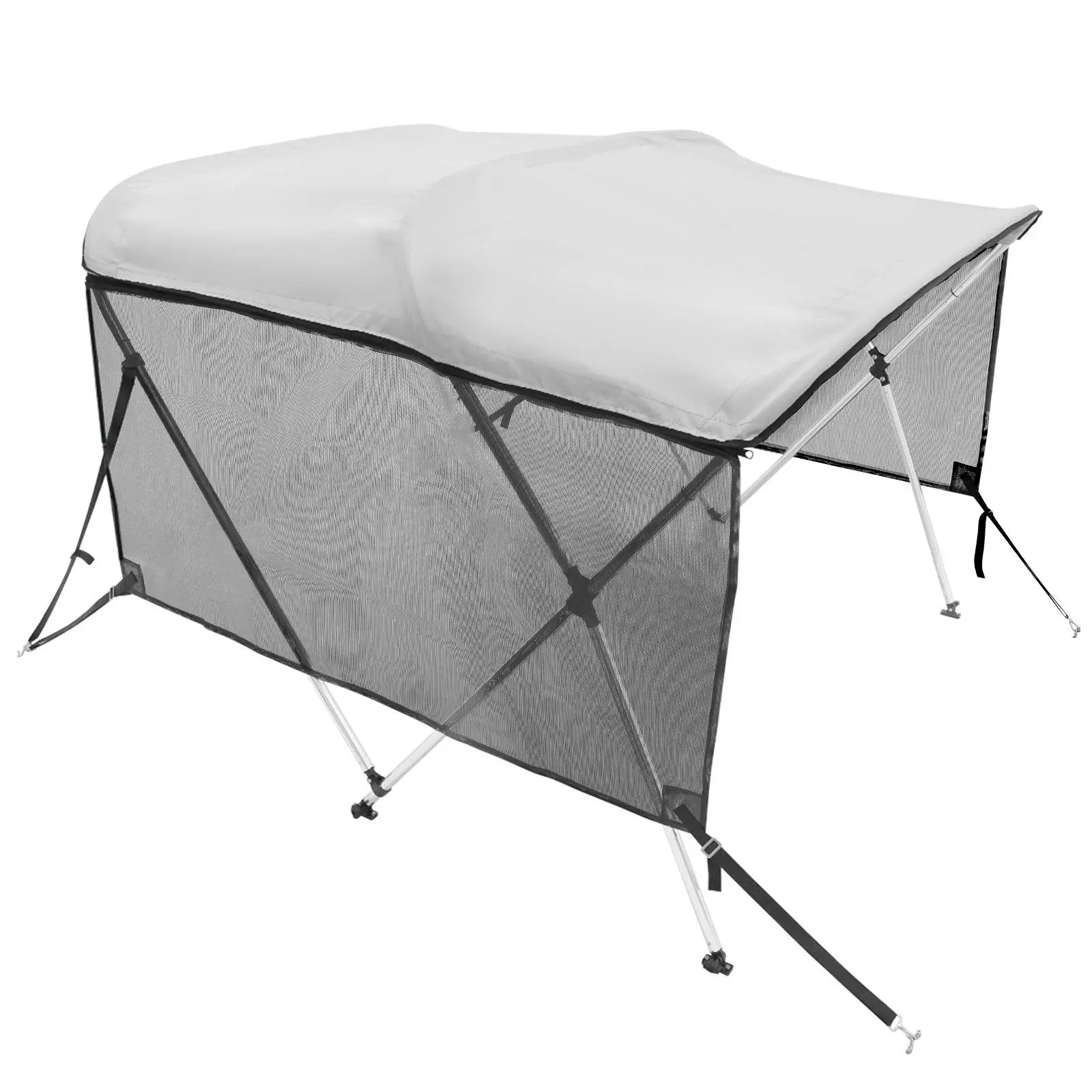 【SummerFinds】VEVOR 3 Bow Bimini Top Boat Cover,  Detachable Mesh Sidewalls, 600D Polyester Canopy with 1" Aluminum Alloy Frame, Includes Storage Boot, 2 Support Poles, 2 Straps, 6'L x 46"H x 61"-66"W, Light Grey
