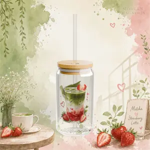 16oz Matcha Strawberry Sipper Glass Tumbler - Kitchen Drinkware with Bamboo Lid and Straw