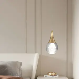 Garwarm 1-Light Teardrop Crystal Pendant Light, Gold Globe Ceiling Hanging Light Fxitures, LED Raindrop Light Fixtures Metal Rod Ceiling Glass Pendant Lighting for Kitchen Island Dining Room Bar