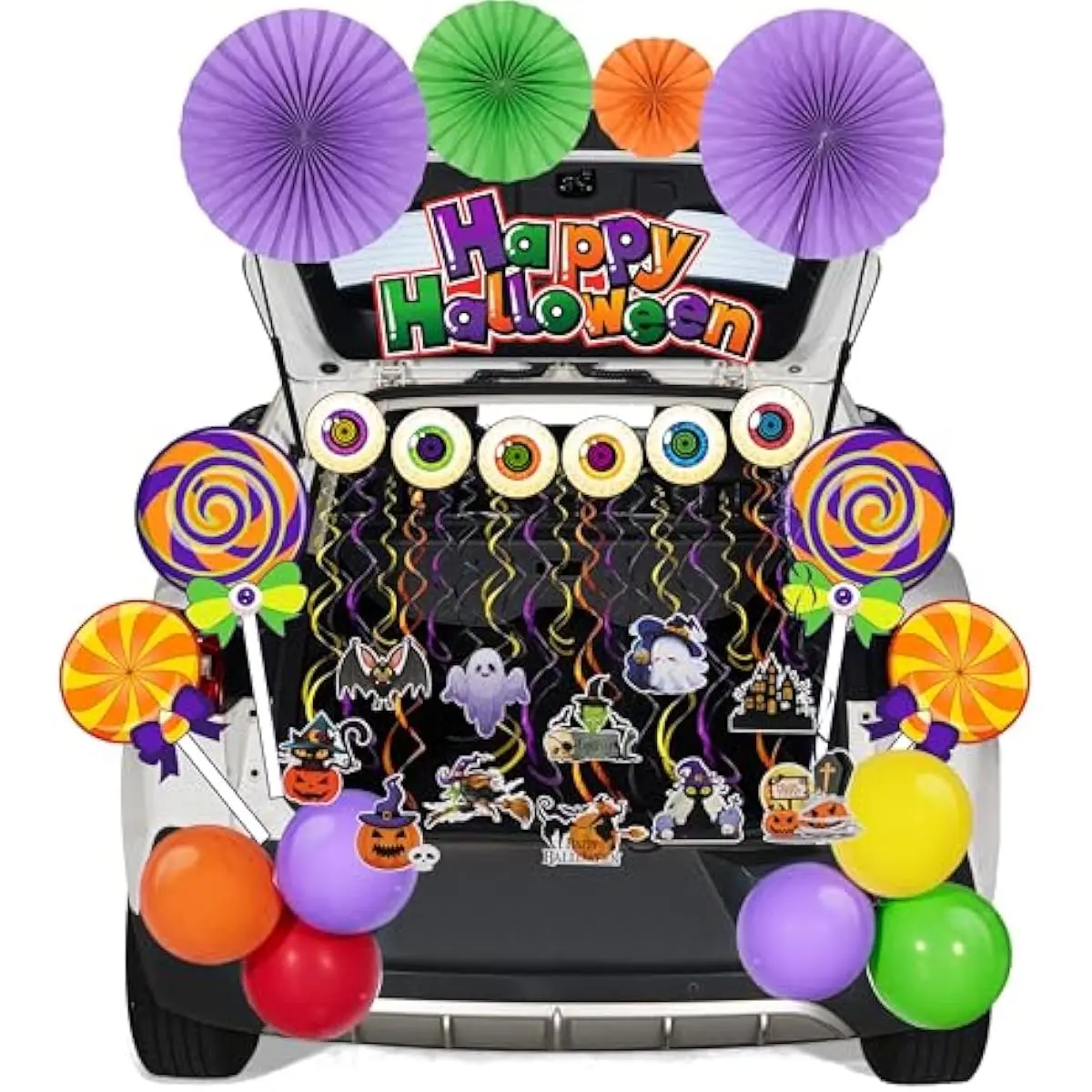 Halloween Trunk Or Treat Car Stickers Decorations Kit for SUV Outdoor Decor Lollipops Candy Land Balloons for Garage Door Archway Entryway Haunted House Banner Paper Fans