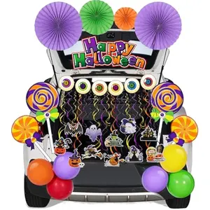 Halloween Trunk Or Treat Car Stickers Decorations Kit for SUV Outdoor Decor Lollipops Candy Land Balloons for Garage Door Archway Entryway Haunted House Banner Paper Fans