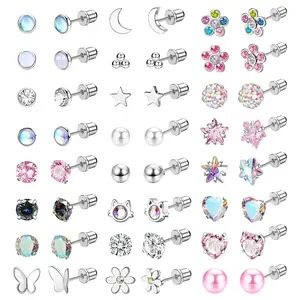 OIDEA 24 Pairs 20G Anti-Rust Surgical Steel Internally Threaded Flatback Disc Stud Earrings with CZ, 0.8mm Post 6mm Bar for Women’s Helix Cartilage Tragus Lobe Piercings, Everyday Sparkle Birthday Christmas Jewelry