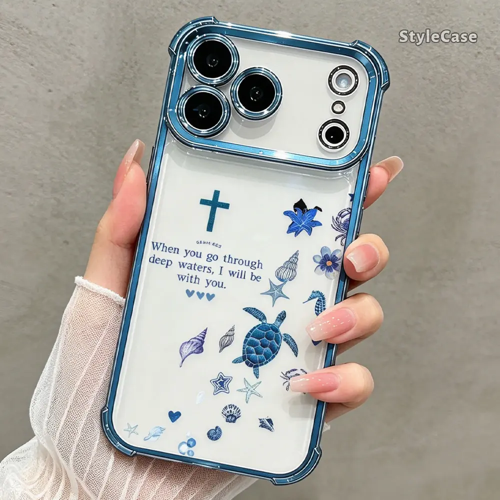 Isaiah 43:2 Christian Phone Case for iPhone 17 Air 16 Pro Max 15 Plus 14 13 12 11, Blue Cross Ocean Turtle Pink Clear TPU Soft Cover, Shockproof Gift Case DDSJ260626003