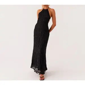 New Breathable Lace-up Ruffle Maxi Dress, BacklessRuched Striped Casual Dress