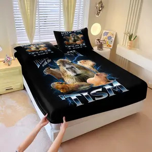 Rock Style Capybara Fitted Sheet Set, Includes 1 Fitted Sheet & 2 Pillowcases without Filler, Dynamic lightning and unique text, soft and skin-friendly, for cozy sleep.
