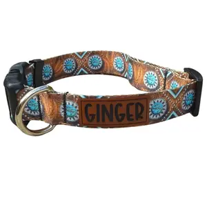 Personalized Western Dog Collar: Engraved Leather Name Patch, Turquoise Pendant