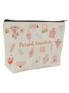 Period Essentials Canvas Bag with Menstrual Cup, Pad, Tampon, Floral Icon, Ideal for Sanitary Products, Pain Relief, Women's Gift