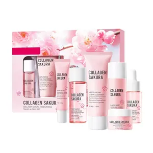 Sakura collagen moisturizing hydrating skincare travel set, 6 pieces skin kit, contains niacinamide, hydrates, brightens and radiance, reduces dryness, suitable for home, travel, and portable use, suitable for all skin types