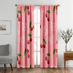 2pcs Cherry Curtains Cartoon Ripe Red Berry Green Leaf White Outline Fresh Full Fruit Window Drapes For Kids Boys Girls Room Bedroom Living Room Office Kitchen