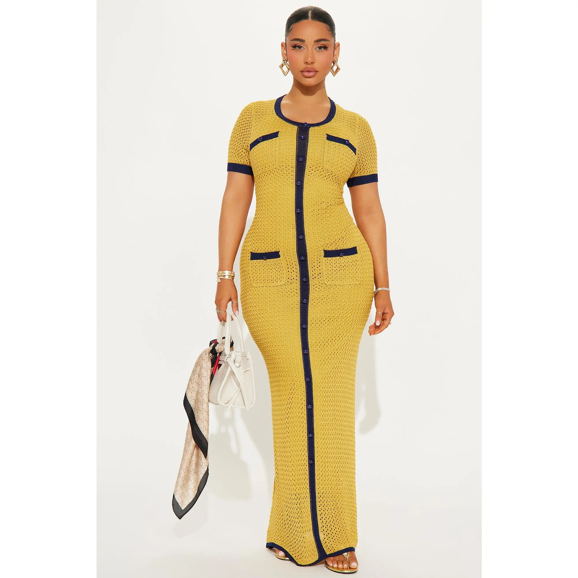 Elena Crochet Maxi Dress - Mustard/combo