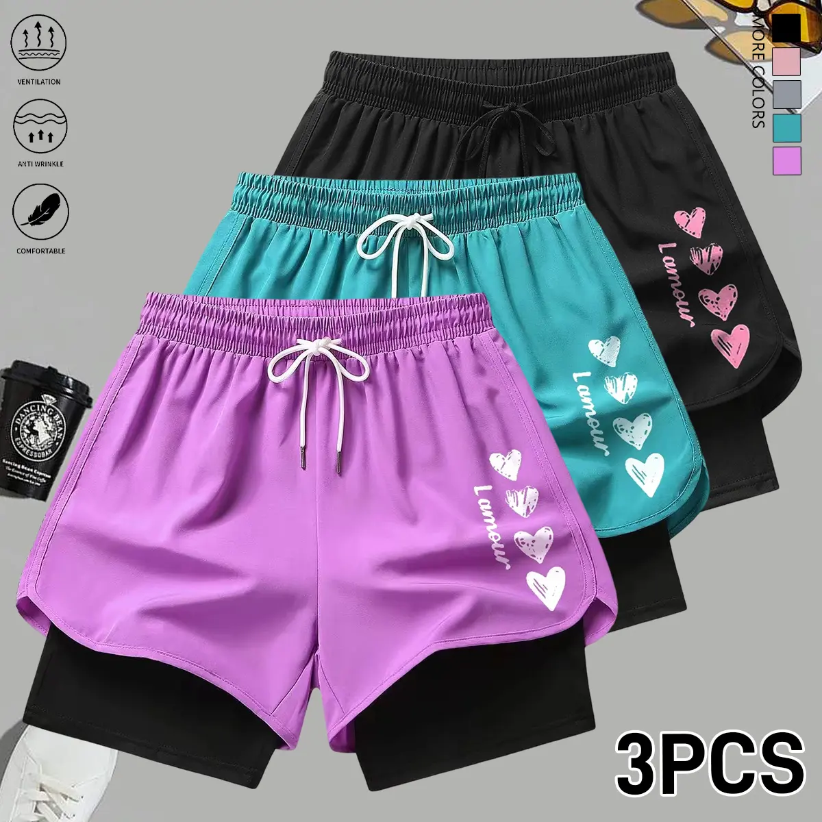 3-piece set: summer casual shorts with a faux two-piece design and an adjustable elastic waistband; suitable for yoga, running, badminton, home wear, and more; women’s shorts.