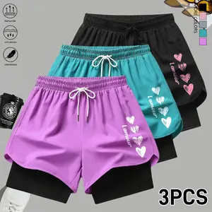 3-piece set: summer casual shorts with a faux two-piece design and an adjustable elastic waistband; suitable for yoga, running, badminton, home wear, and more; women’s shorts.