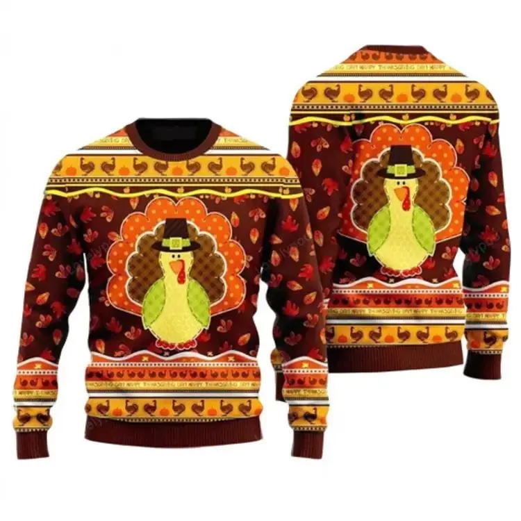 Chicken Ugly Sweater, Happy Thanksgiving Brown Ugly Sweater For Men & Women, Perfect Gift For Thanksgiving