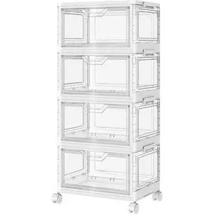 Portable Clear Storage Bins with Lid & Wheels, 24QT Clear Storage Bins with Lid, 4-Tier Plastic Bins with Wheels, Stackable, Magnetic Doors, for Bedroom, Living Room