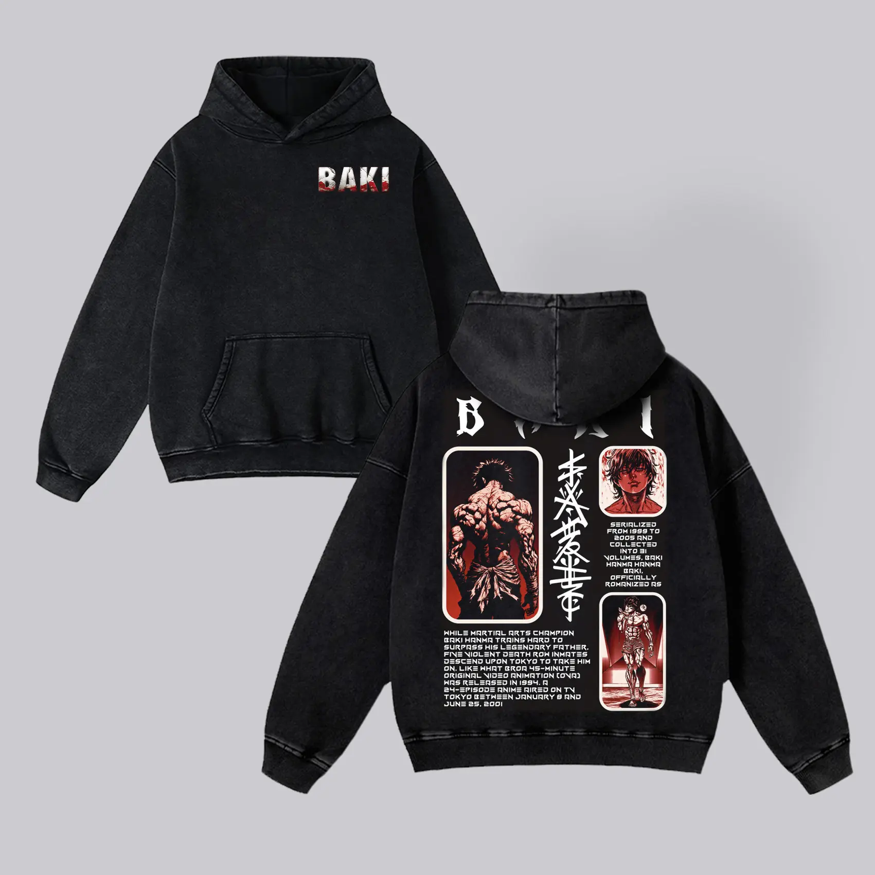 BAKI HANMA Classic Men's Washed Hoodie Sweatshirt Short Sleeve Printed Streetwear Fabric Anime Boxing Menswear Seamless Gift Fans