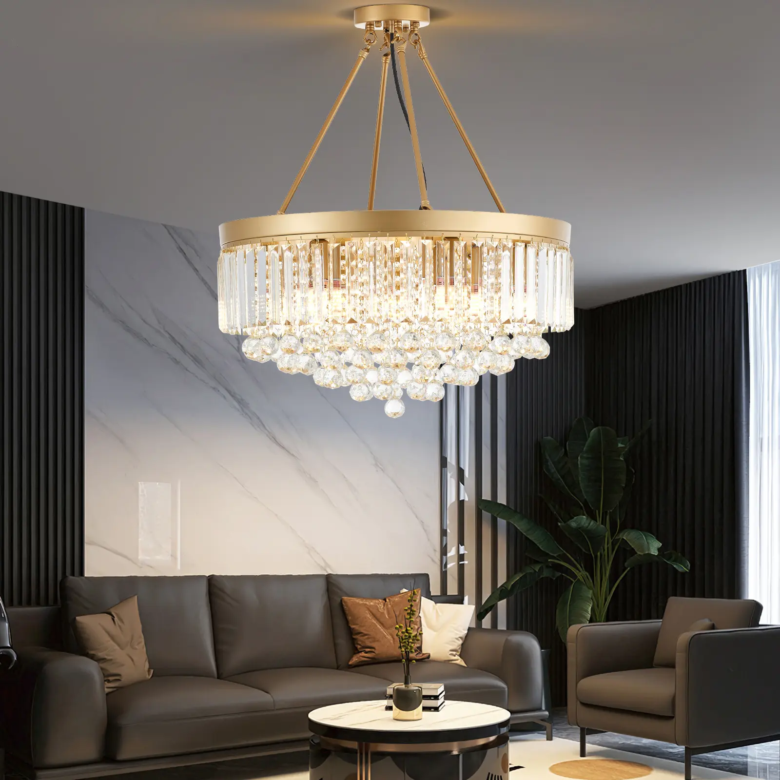 iTni 9-Light Gold Crystal+Metal Chandelier, Home Decor Lighting, Luxury Round AC Power Supply Indoor Ceiling Light, Entryway Focal Fixture for Dining Room, Bedroom, Easy Installation, Fast US Delivery, 9-Bulb Setup