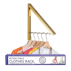 Single Foldable Clothing Rack, Wall-Mounted Retractable Clothes Hanger for Laundry Dryer Room, Hanging Drying Rod, Small Collapsible Folding Garment Racks, Dorm Accessories (Gold)