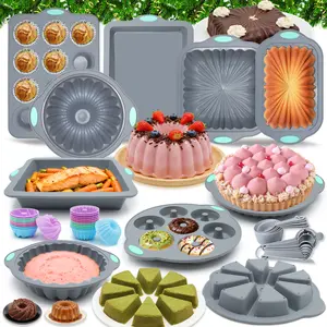 51 Pieces，51 Piece Silicone Baking Pan Set, Non-Stick Bakeware Set with Baking Pans,Reusable Donut Mold, Food-Grade Silicone Molds for Cakes,Cookies,Muffins, Bread, Light Grey，Easter gifts Birthday Stackable