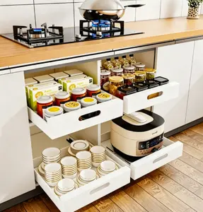 Pull Out Kitchen Cabinet Organizer - Smooth Rust-Proof Double-Use Slide-Out Rack with Under-Sink Drain Basket for Bowls, Plates, Utensils (Fits Cabinet Storage Shelves)