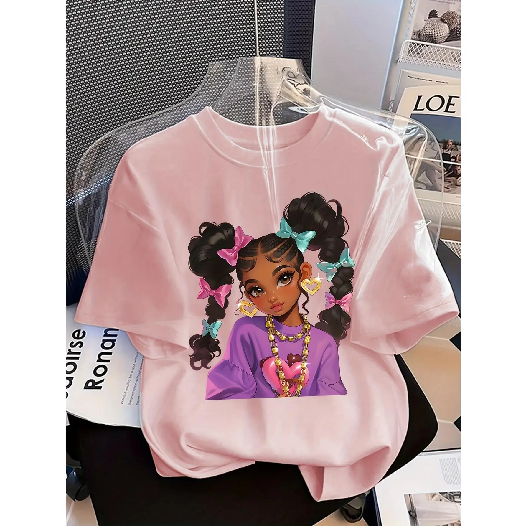 Girls' Casual Cartoon Graphic T-Shirt, Loose-Fit Crew Neck Short Sleeve Polyester Knit Summer Top with Applique, Graphic Tee Top, Crew Neck Tshirt, Cool Graphic Tee