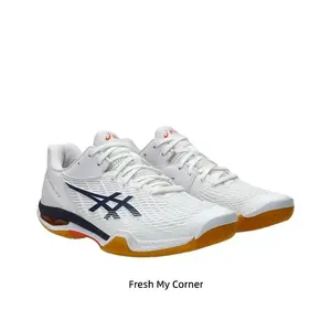 White & Navy Indoor Court Shoes - Lightweight Cushioned Trainers for Badminton, Tennis & Gym Training