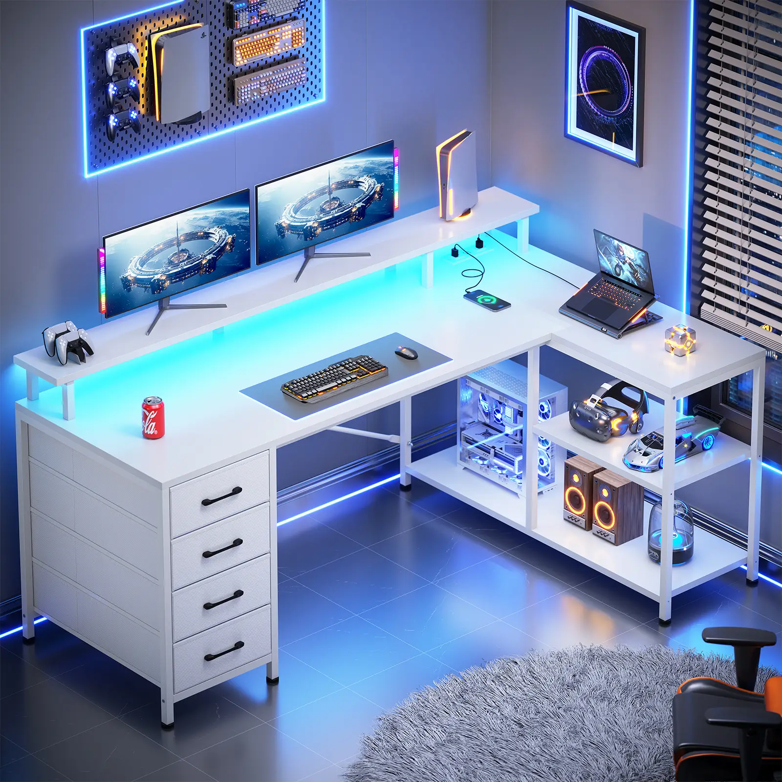 SEDETA 47.2 Inch L Shaped Desk with 4 Drawers and Storage Shelves L Shaped Gaming Desk with LED Lights Power Outlets