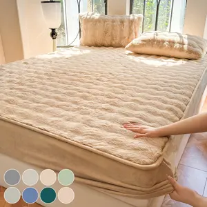 Luxury Faux Rabbit Fur Bedding Set, Soft Warm Fitted Sheet with 1/2 Pillowcases, Solid Color 3-Piece Bed Sheet Set, All Season Cozy Plush Bedding for Bedroom, Dorm, Sofa & Guest Room, Ideal Holiday Christmas Gift