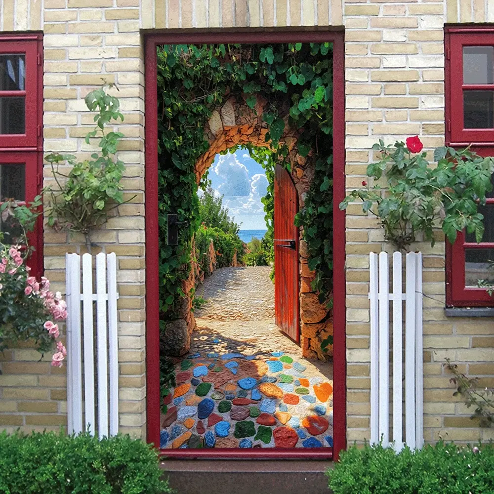 2pcs Mediterranean Style Stone Archway Wall Sticker Stereo Simulation Green Plant Vine Decal Living Room Entrance Background Wall Self Adhesive Wallpaper Seaside Scenery Corridor Decorative Sticker Remova