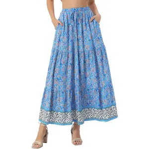 INSPIRE CHIC Women's Boho Casual Floral Printed Elastic Waist Maxi Skirts X-Large Sky Blue