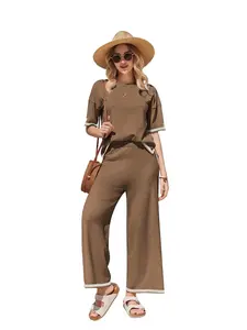 ekouaer women's knitted short sleeved top paired with wide leg pants with pockets, 2-piece set, suitable for s-XXL Nightwear ome wear pajama set