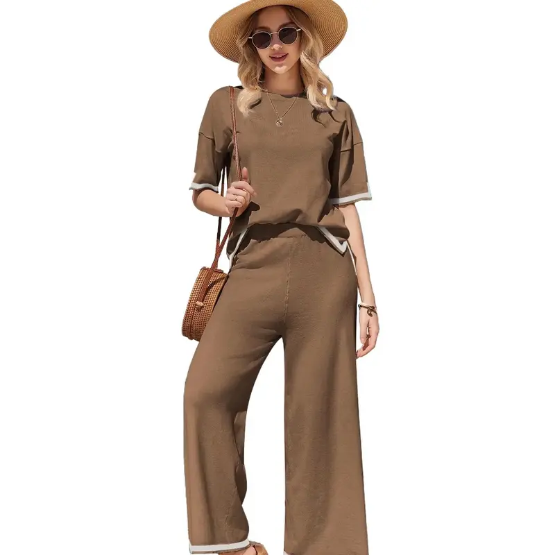 Ekouaer Women's 2-Piece Soft Solid Rayon Knitting Loungewear Set - Crew Neck Pullover Top with Patchwork Sleeves, Wide Leg Split Tracksuit Pants, Cozy OOTD Everyday Fit Outfit