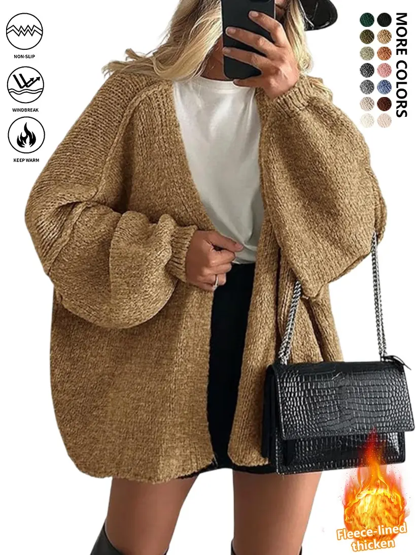 Women’s autumn/winter warm fashion cardigan sweater jacket made of polyester fiber, open-front buttoned loose fit, suitable for cold weather, casual style.