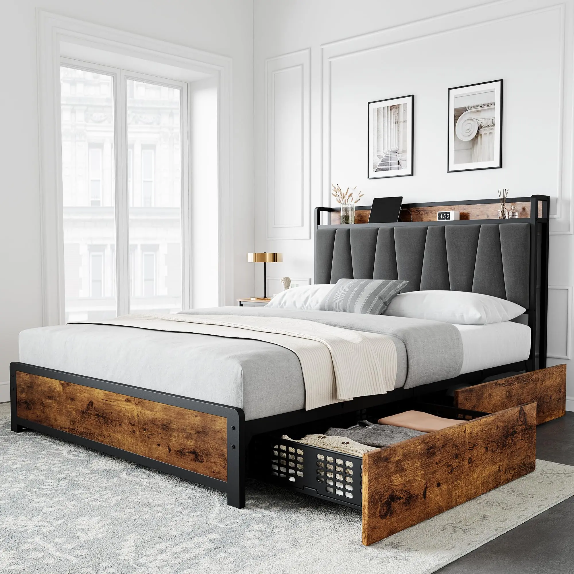 Garvee Full Size Bed Frame with Linen Upholstered Headboard, 4 Storage Drawers, Built-in Charging Station, Platform Design, No Box Spring Needed, Easy Assembly, Rustic Brown Finish