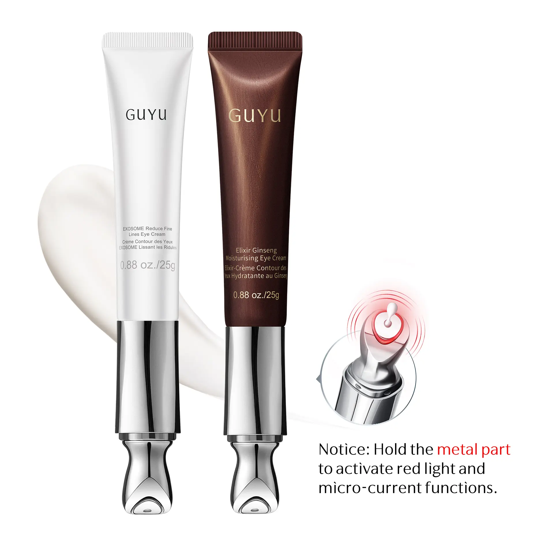 GUYU Day & Night Anti-Aging EMS Eye Cream Duo - 2-Piece Eye Cream Set PDRN, NAD+, HME, Caffeine, Collagen Peptides & Compound K, Microcurrent Eye Care for Dark Circles, Puffiness, Under-Eye Bags, Wrinkles & Fine Lines, Hydrating, Firming