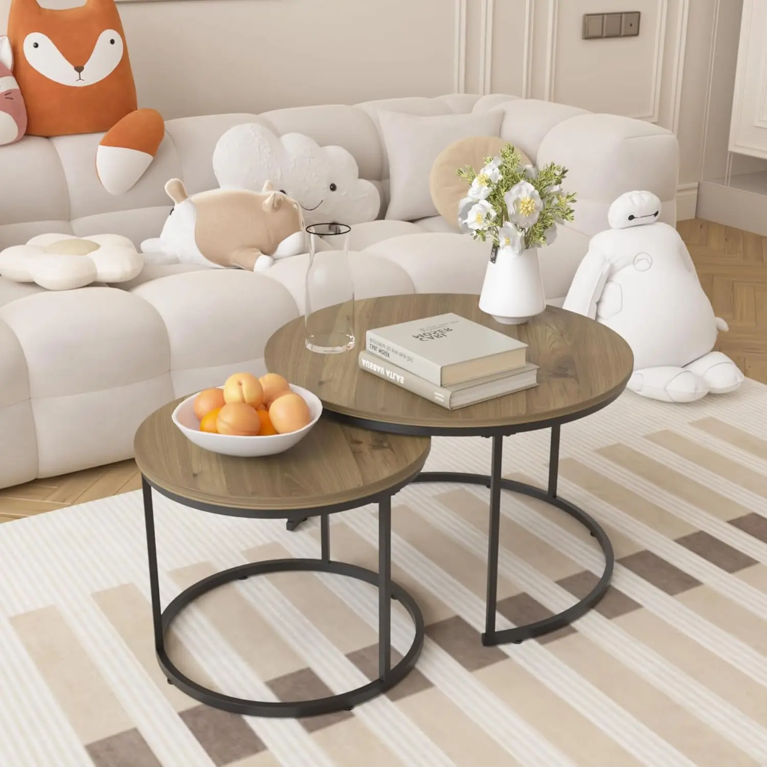 Nesting Coffee Table Set of 2, 27.6 inch Round Side Tables Coffee Table with Wood Marble Pattern Top Sturdy Metal Frame, End Table for Living Room Bedroom Balcony Yard (Brown 2)