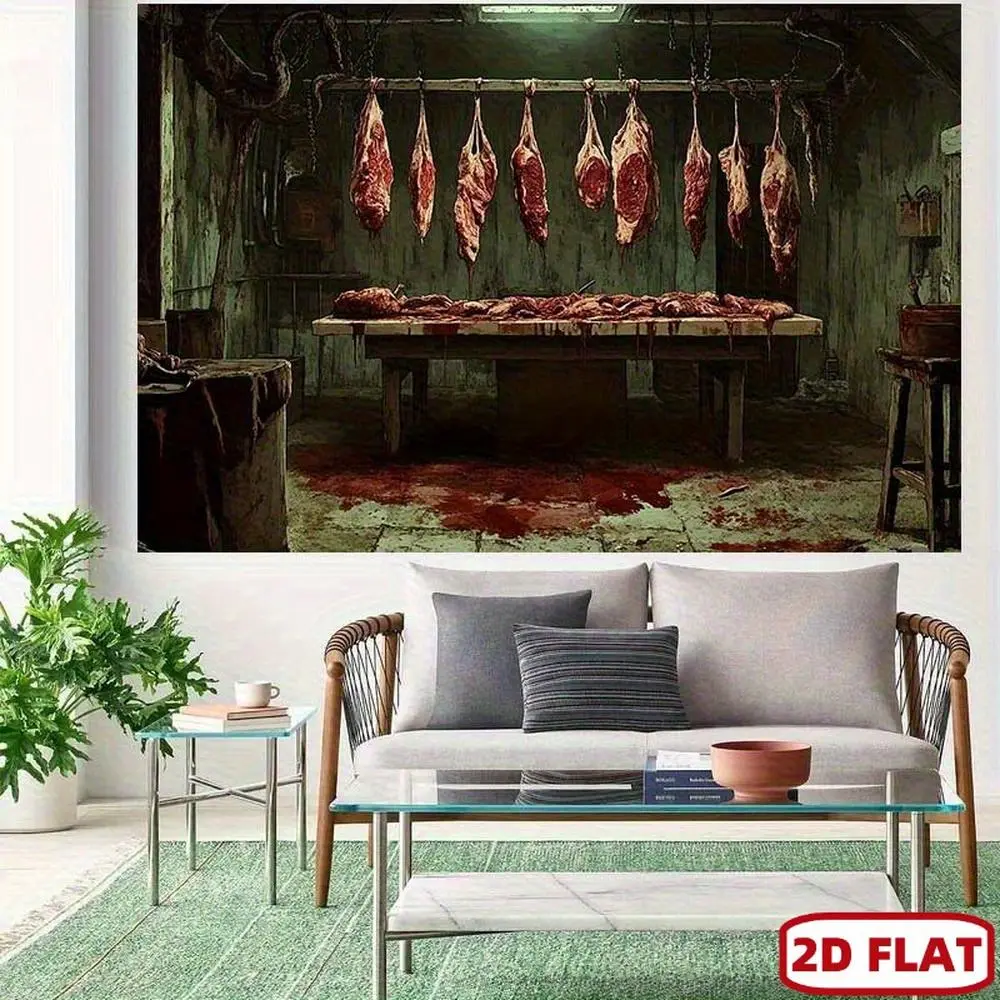 1pc 2D Flat Vintage Butcher Shop Silk Backdrop (8ft/96in/244cm x 6ft/72in/183cm) - Hanging Meat, Blood-Splattered Table, Realistic Meat Display, Ribbon Ornaments, Metal Accents, Adult Horror Movie Props, Halloween Party Decoration, Banners, Glam, Vintage,
