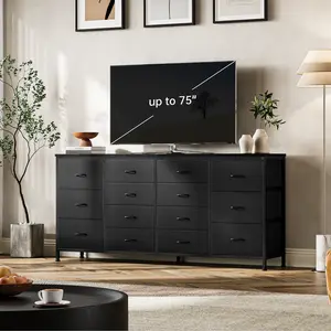 63 Inch TV Stand Dresser with 14 Drawers, Wide MDF Wood and Iron Frame Chest with Fabric Drawers and US Power Outlet, Bedroom Entertainment Center for Up to 75 Inch TV