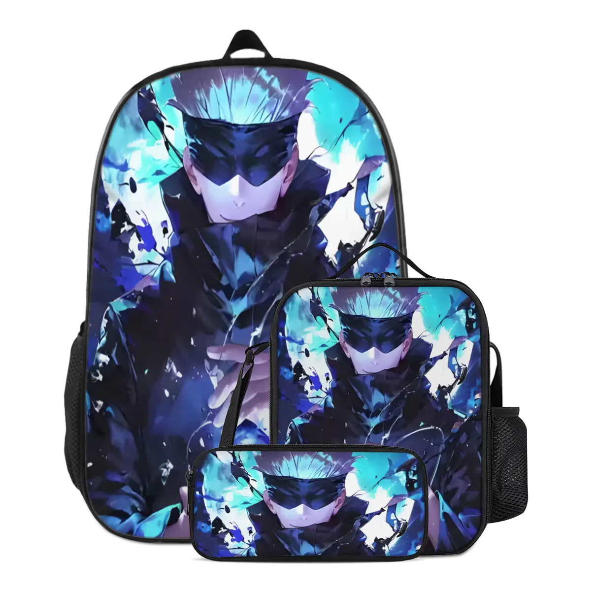 Jujutsu Kaisen Gojo Anime 17" Lightweight Backpack Combo: Waterproof 3-Piece Set (Lunch Bag + Pencil Pouch) - Adjustable Straps & Quick-Dry Fabric for Daily Essentials