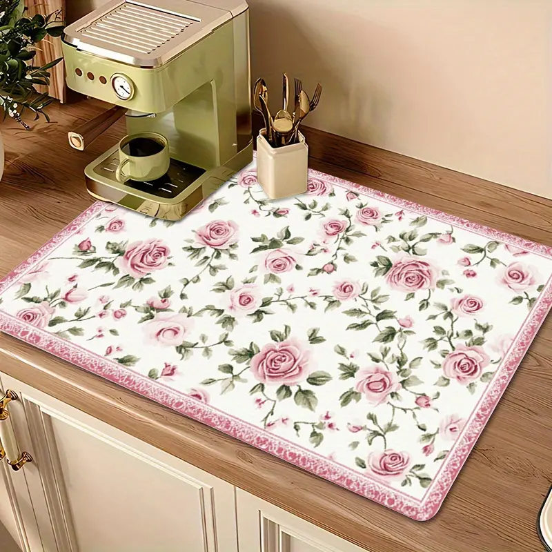 Polyester Floral Fabric Dish Drying Mat - 1pc Kitchen Accessory, Table Placemats, Household Placemat for Coffee Bar Station, Tableware Protection