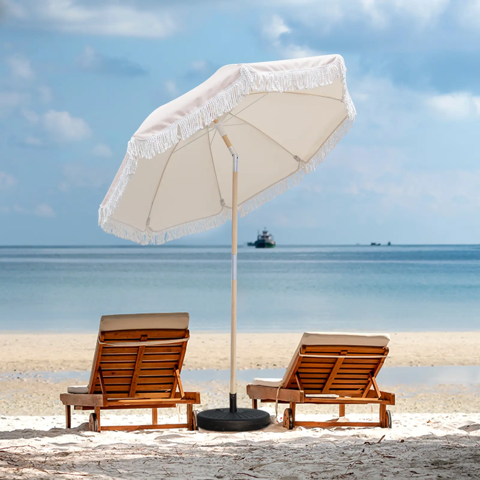 Sunnyard Sturdy 6FT Patio Umbrella with Fringe, Beech Wood Pole, 8 Fiberglass Ribs, Manual Push Lift & 30° Adjustable Tilt, Beach Umbrella for Sand, Outdoor Umbrella for Patio for Sand, Garden,  Patio, Pool (Cream White)