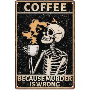 Metal Sign Skeleton Strong Coffee Retro Funny Vintage Tin Sign For Living Room Cafe Bar Club Office Home Wall Decor