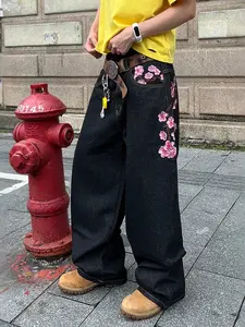 Men's Vintage Y2K Style Loose Wide Leg Jeans, Sakura Embroidered Straight Fit Street Fashion Streetwear, Hip Hop Boyfriend Pants for Men